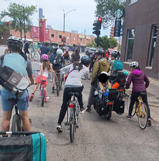 Untitled Children and adults on bikes shown from behind.